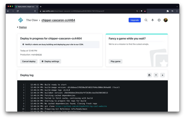 Screenshot showing the deploy log UI screen where the main message is that Netlify's robots are busy building and deploying your site to our CDN