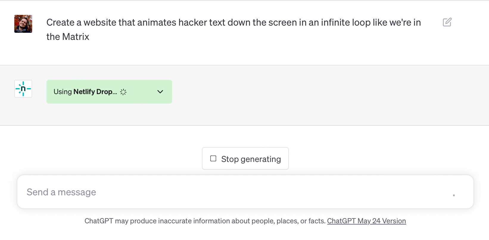 Example prompt in ChatGPT with the Netlify Drop ChatGPT plugin loading its response