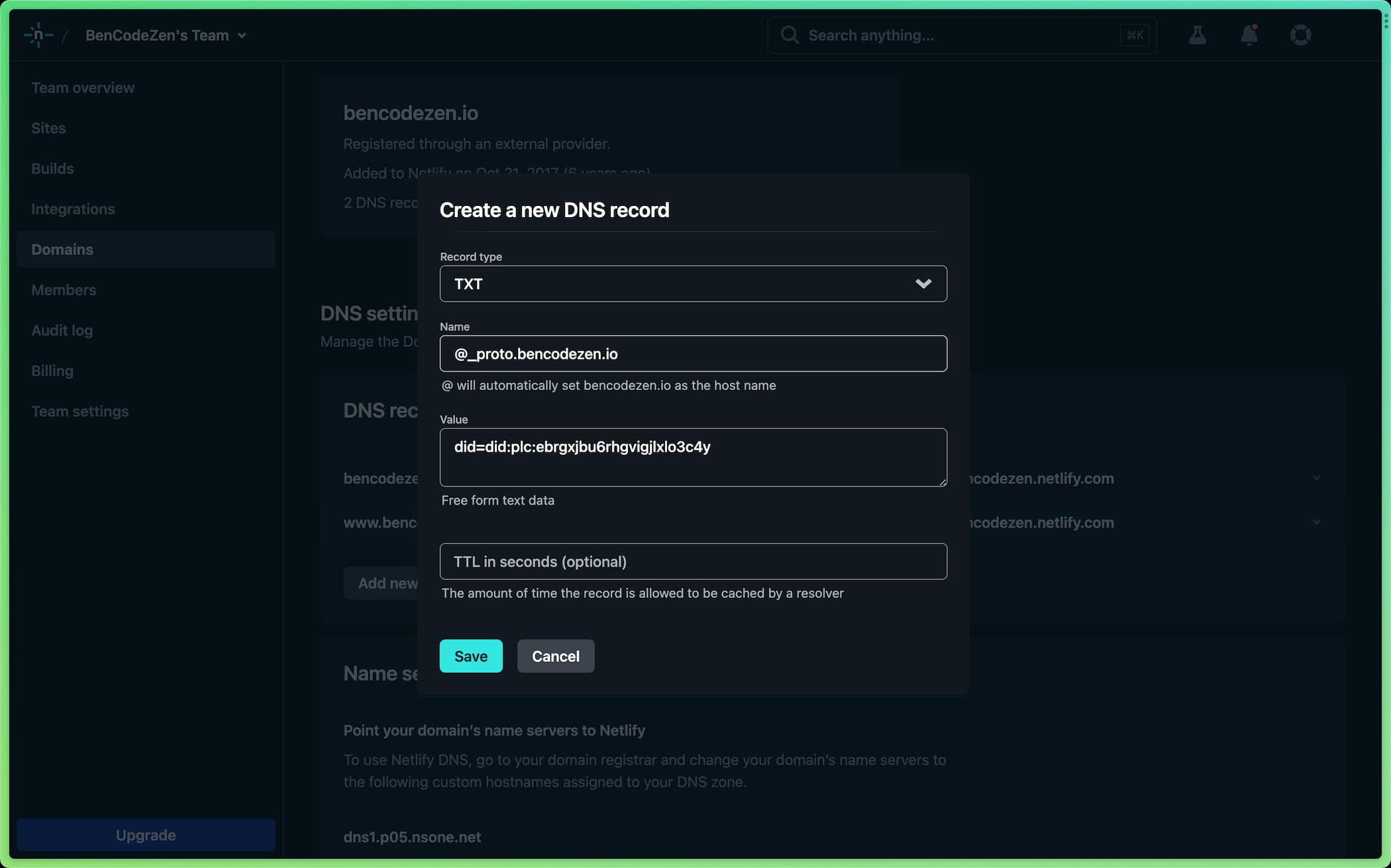 Screenshot of Netlify dashboard that shows a populated new DNS record form
