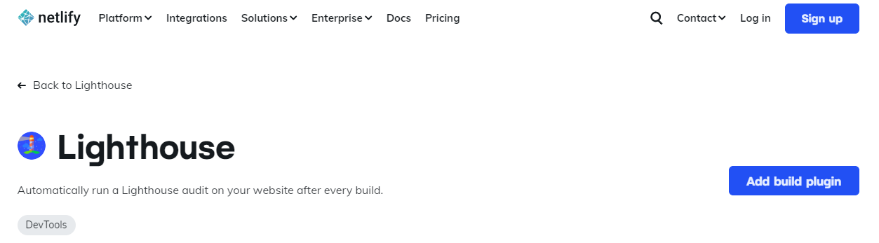 Lighthouse integration Page with add build plugin button on right