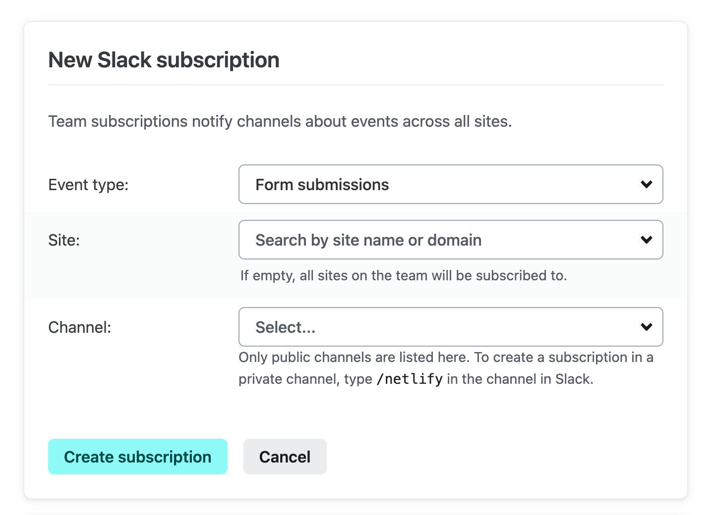 The Team-level subscription form with the form submissions event type selected`