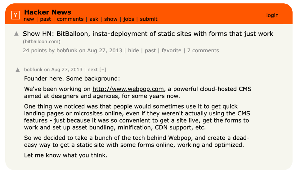 BitBalloon launch on HackerNews