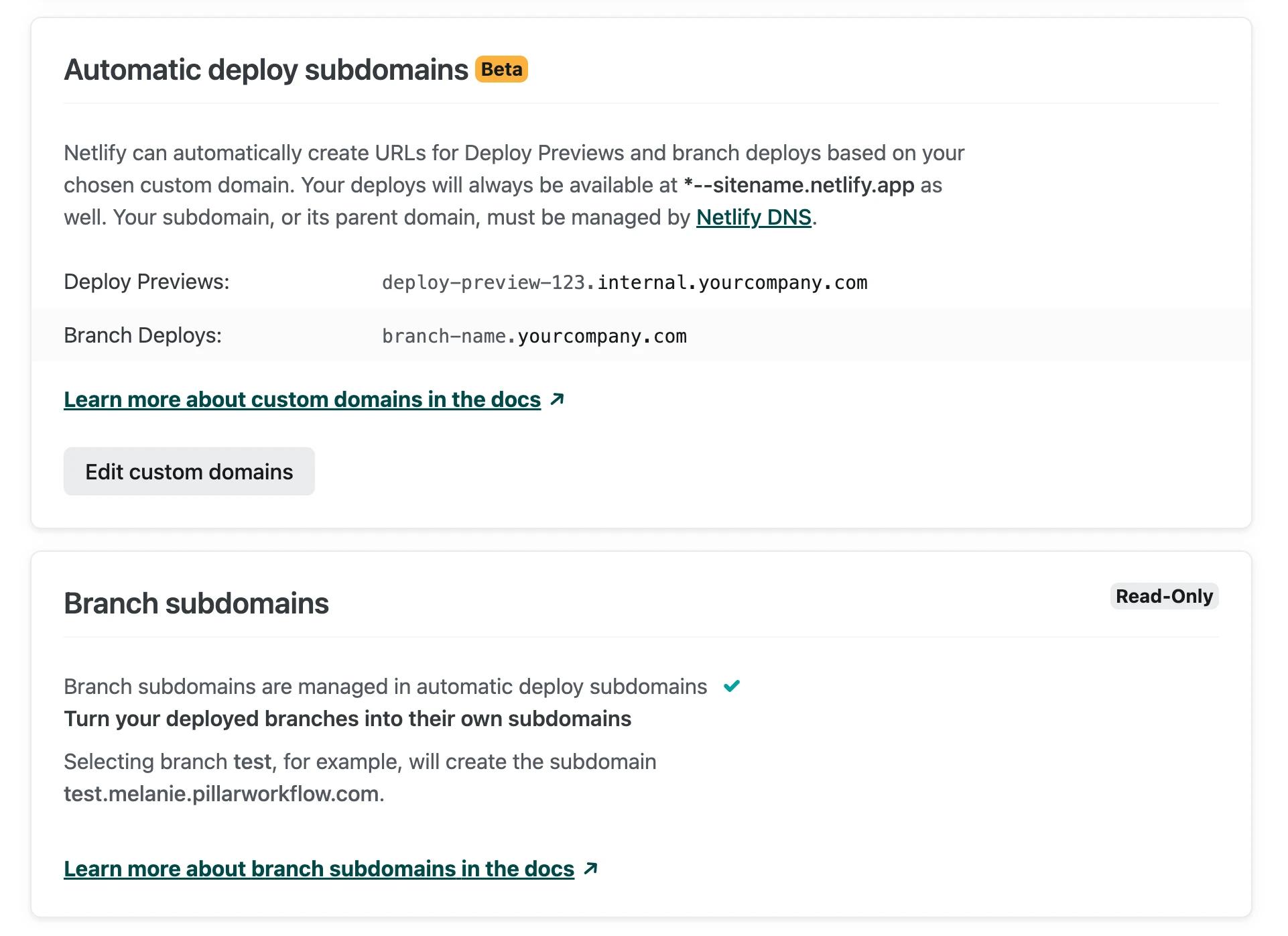 The branch subdomains card is disabled when you have automatic deploy subdomains on for branch deploys