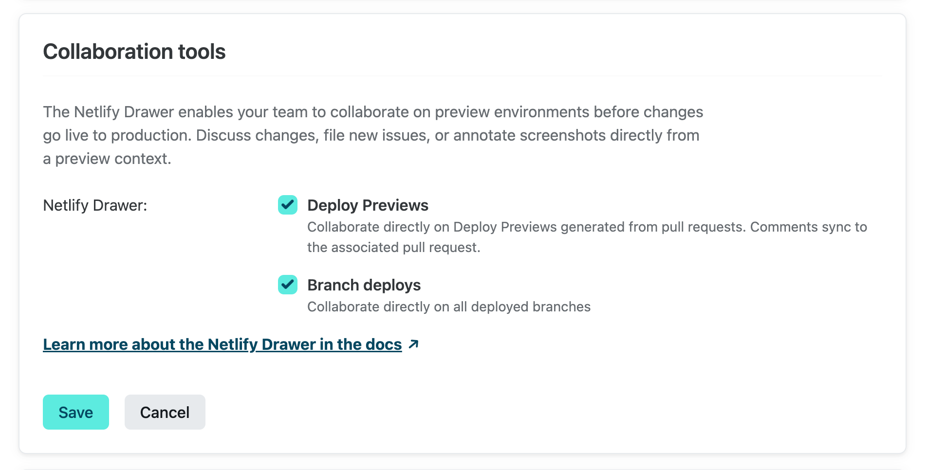 Collaboration tools with settings to enable or disable the Netlify Drawer