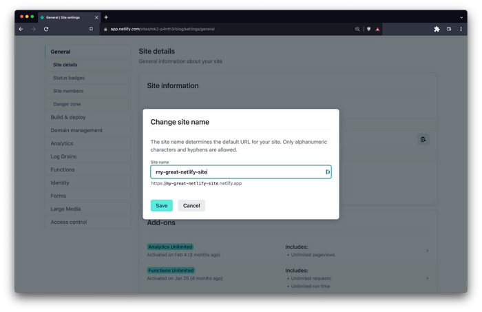 Screenshot of the site details area of the Netlify UI showing the site is being renamed in a popup modal to my-great-netlify-site