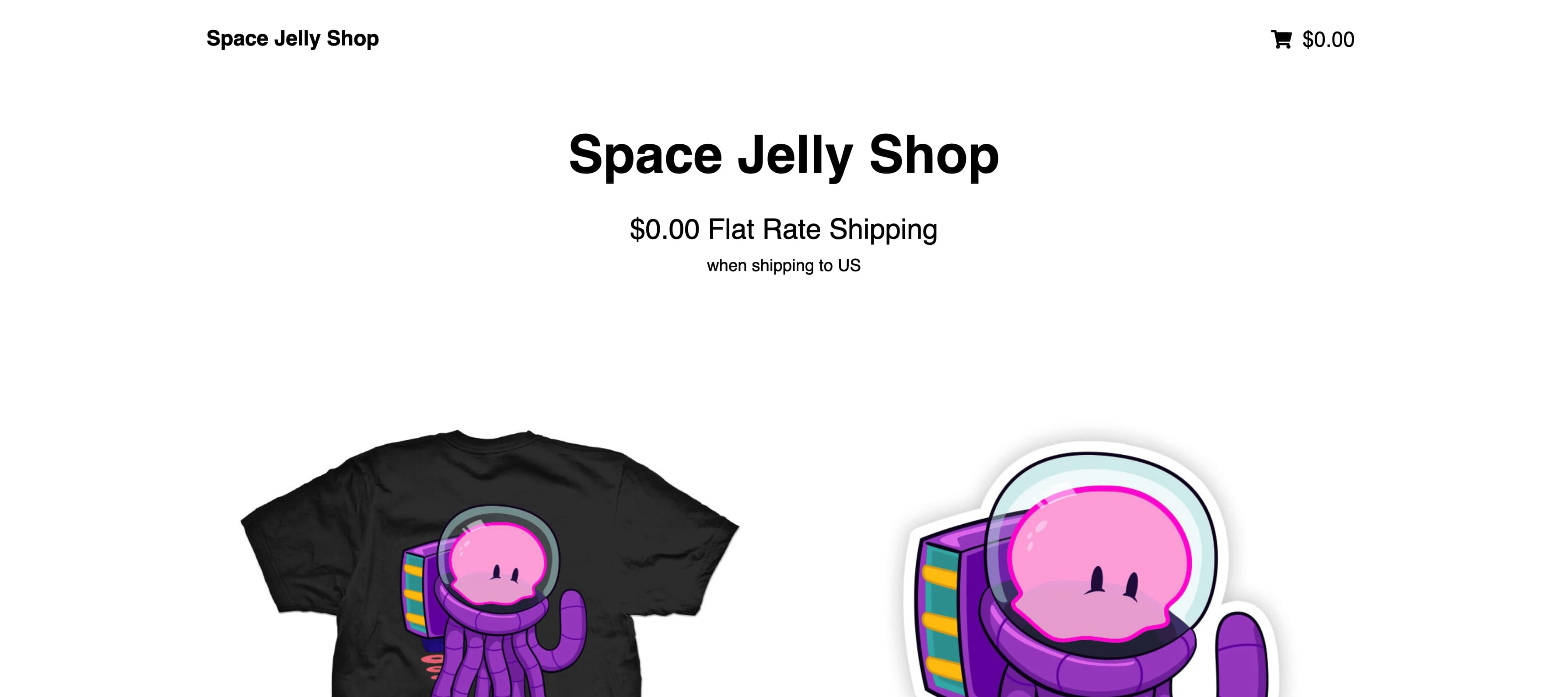 New Space Jelly Shop application with two products and $0.00 shipping rate for the US