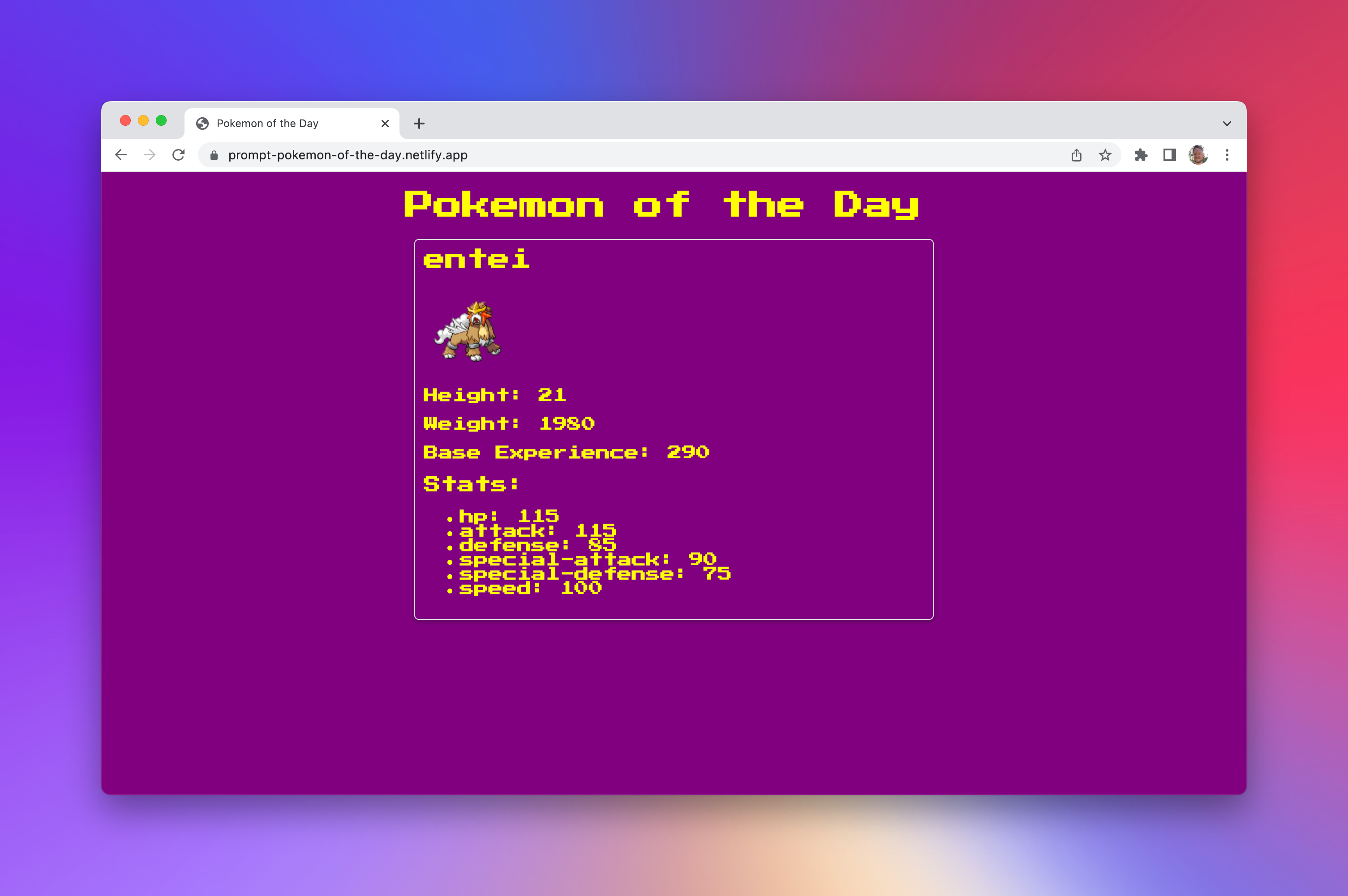 A website generated by the Netlify ChatGPT plugin that shows a Pokemon and its stats in the style of a Pokedex