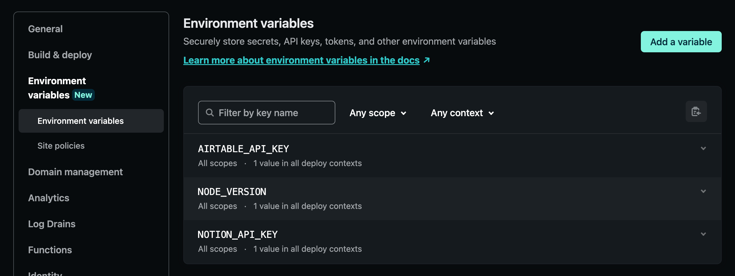 A preview of how environment variables can be managed in the Netlify’s app.