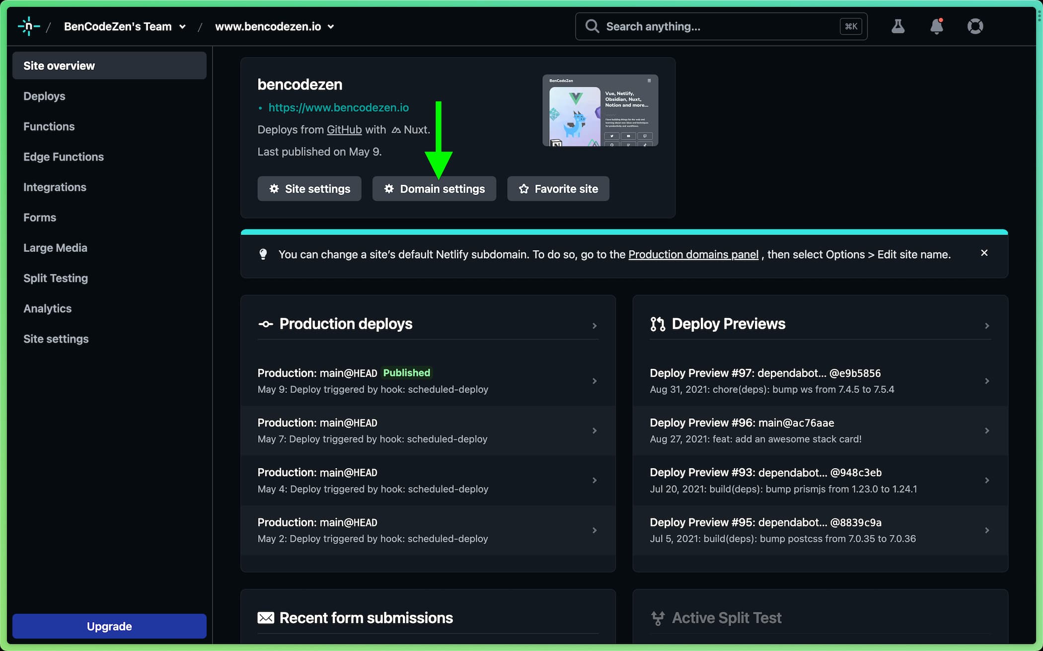 Screenshot of Netlify dashboard that shows an example of where “Domain Settings” is