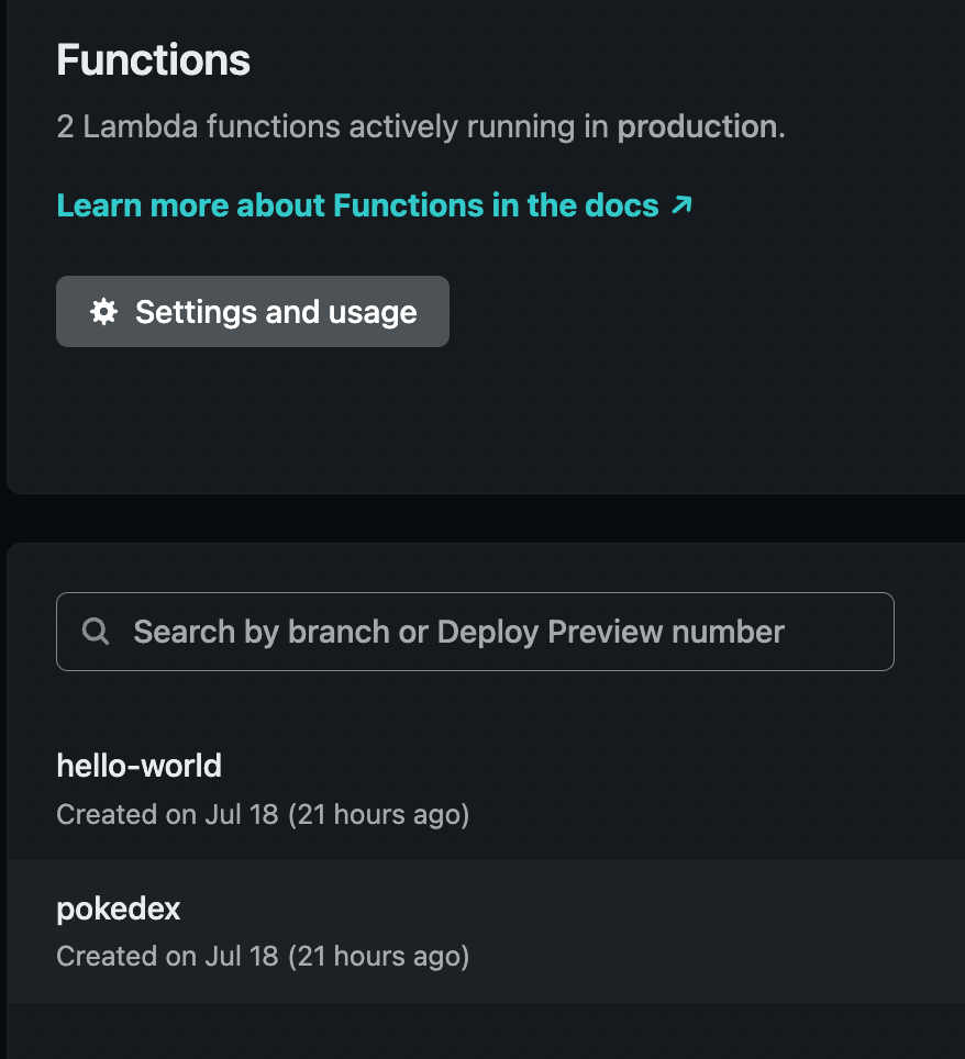 Function tab with hello-world and pokedex functions listed