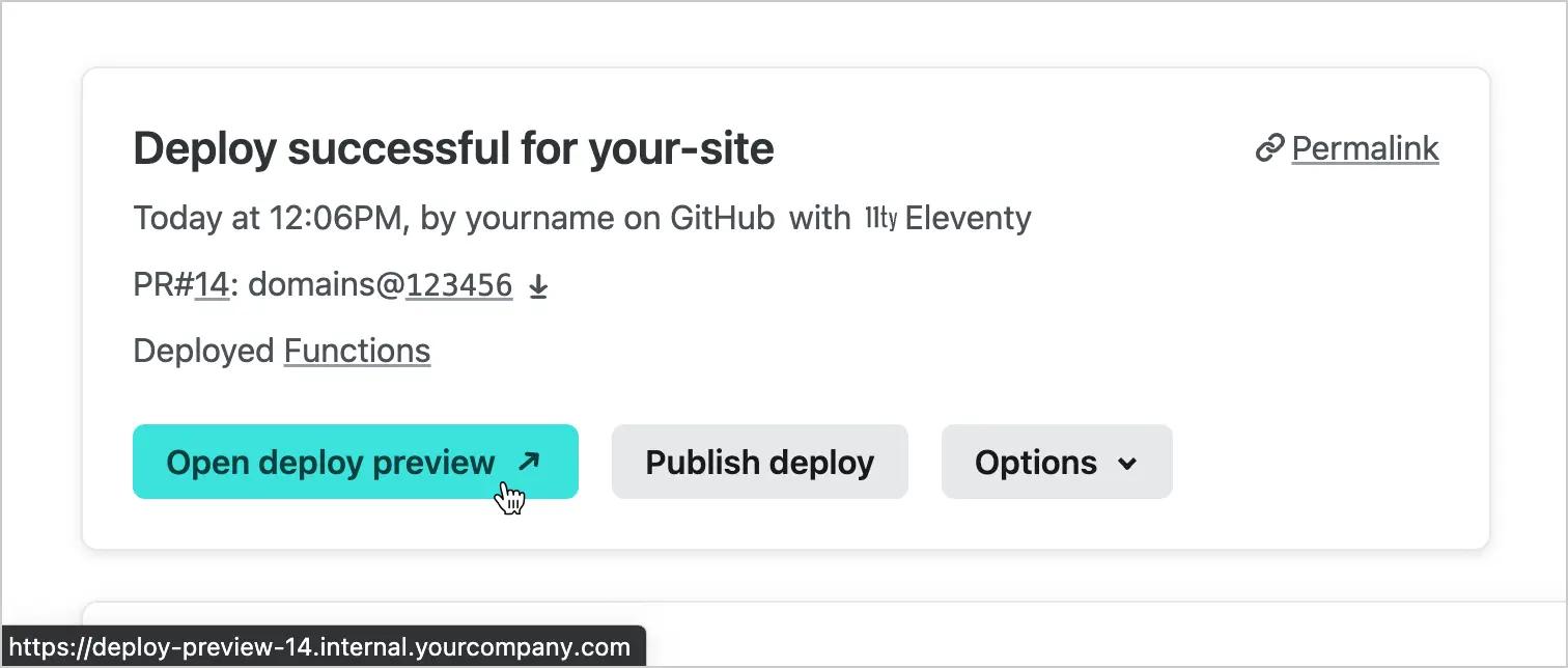 Hovering over a Deploy Preview link on the Netlify UI shows a custom URL in place of the netlify.app URL