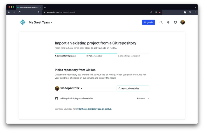 Screenshot of Netlify UI showing that a user has searched for a repo on GitHub named my cool website, which is appearing in the list below