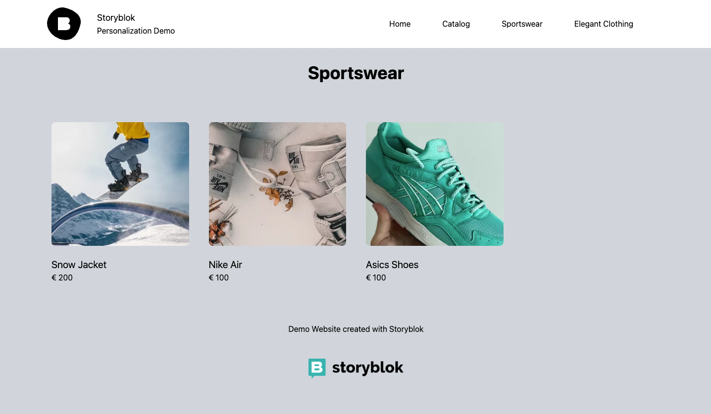 Demo website's Sportswear product catalog page