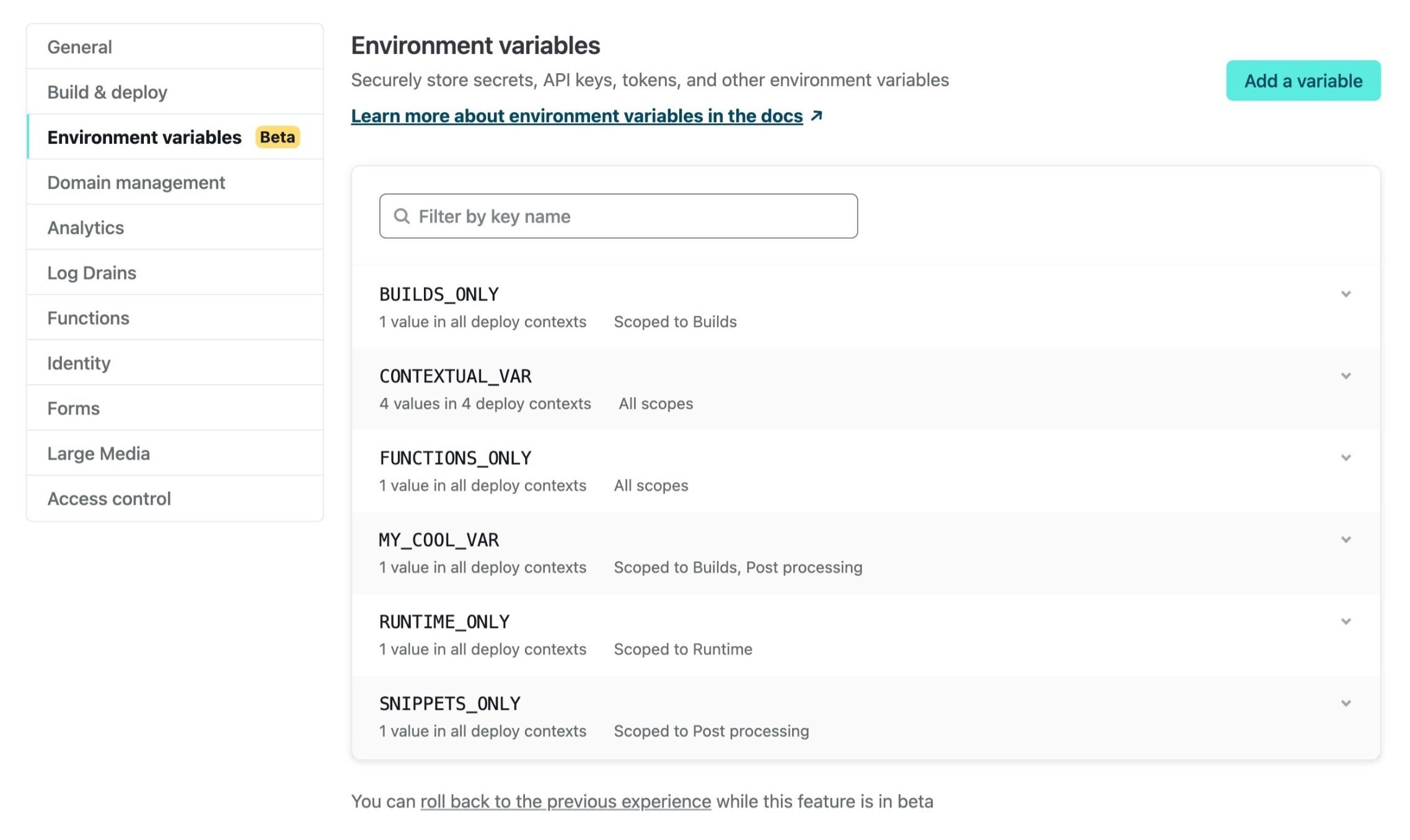 New environment variables page with variables that have different values in different contexts, and are on different scopes