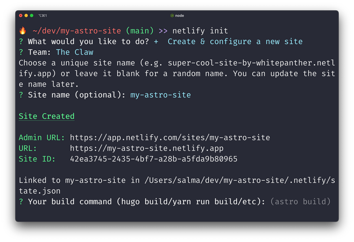 Netlify has created the site, and is confirming the build command is astro build