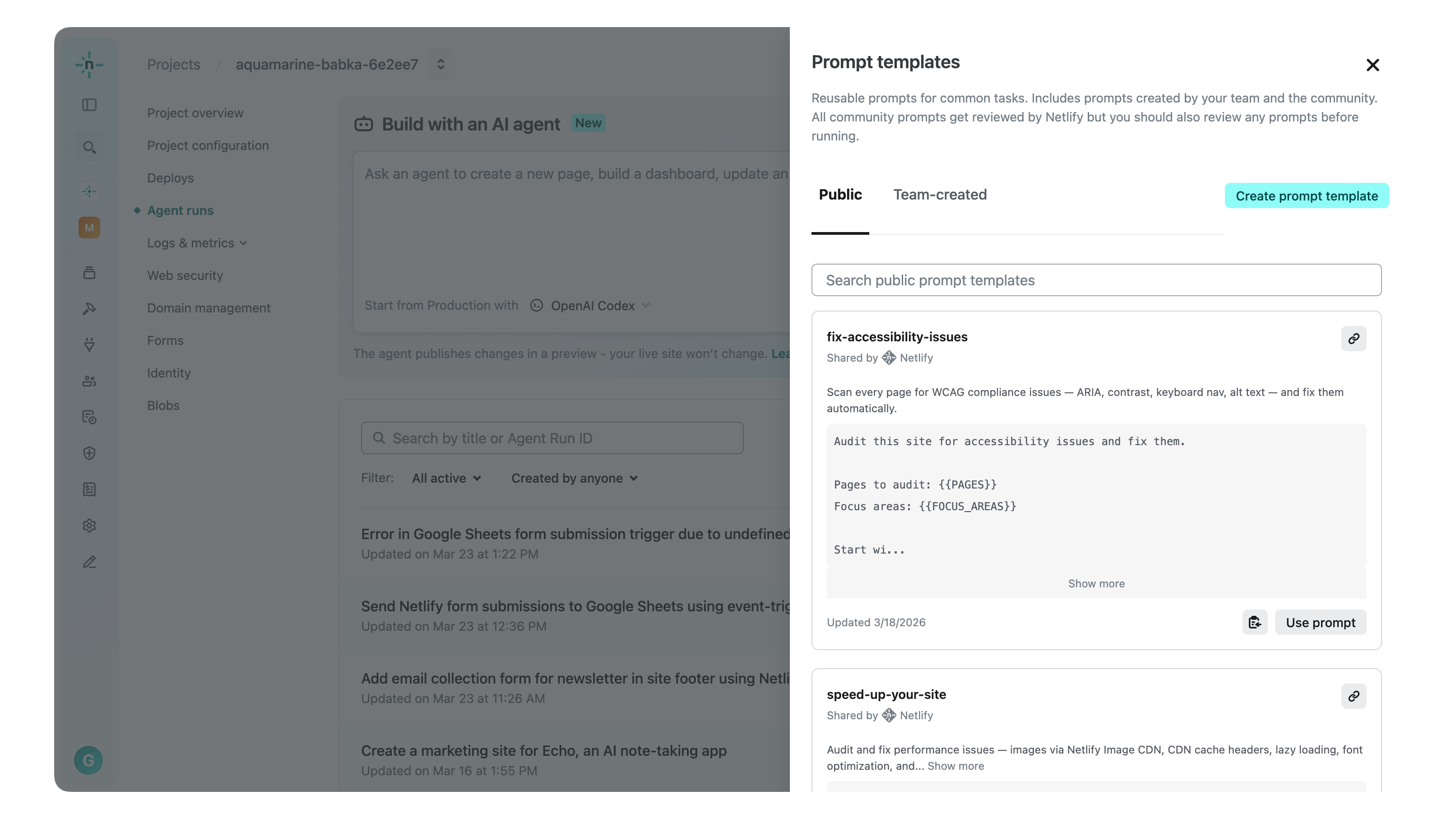 Prompt templates in Netlify Dashboard