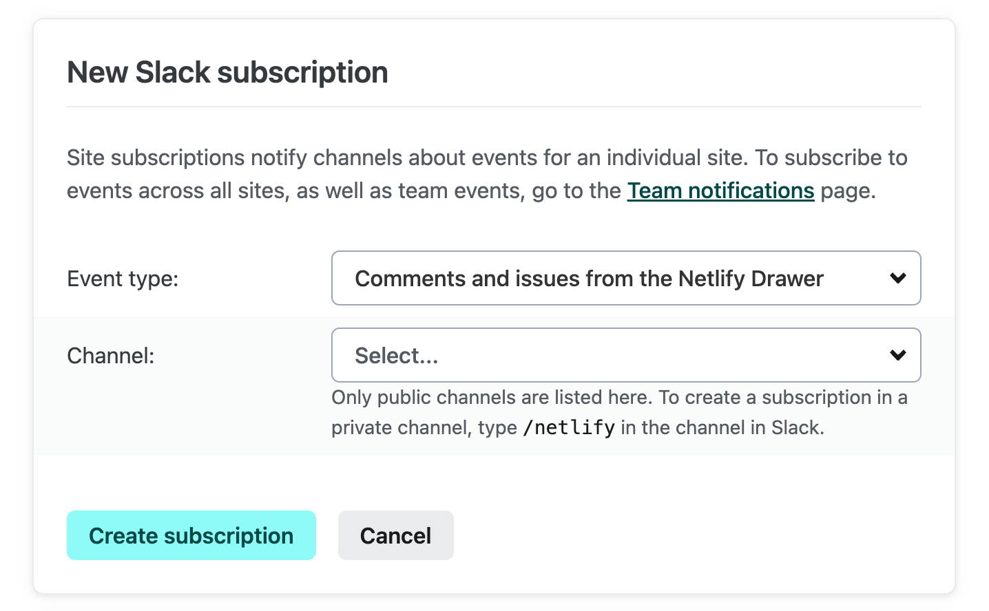The subscription form with the comments and issues event type selected