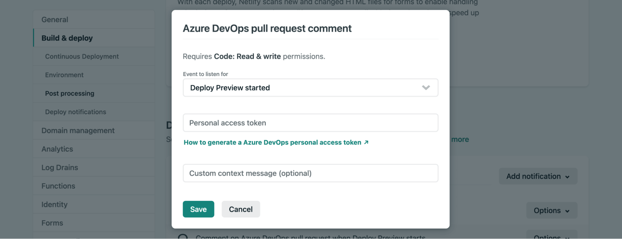 Give Netlify Code: Read & write permissions to pull requests comments in Azure DevOps.