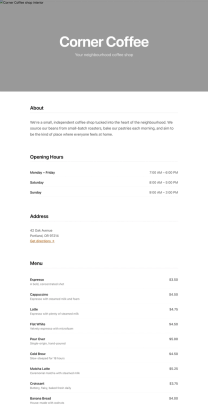 Coffee shop page generated by DeepSeek V4 Pro — middle run