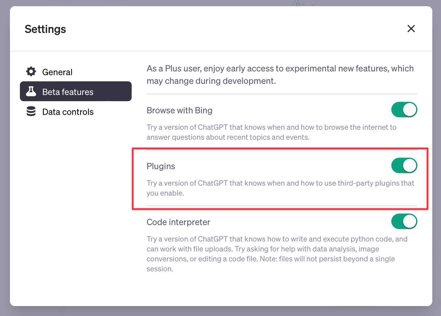 ChatGPT Plugins toggle found in Beta features within your user settings in ChatGPT