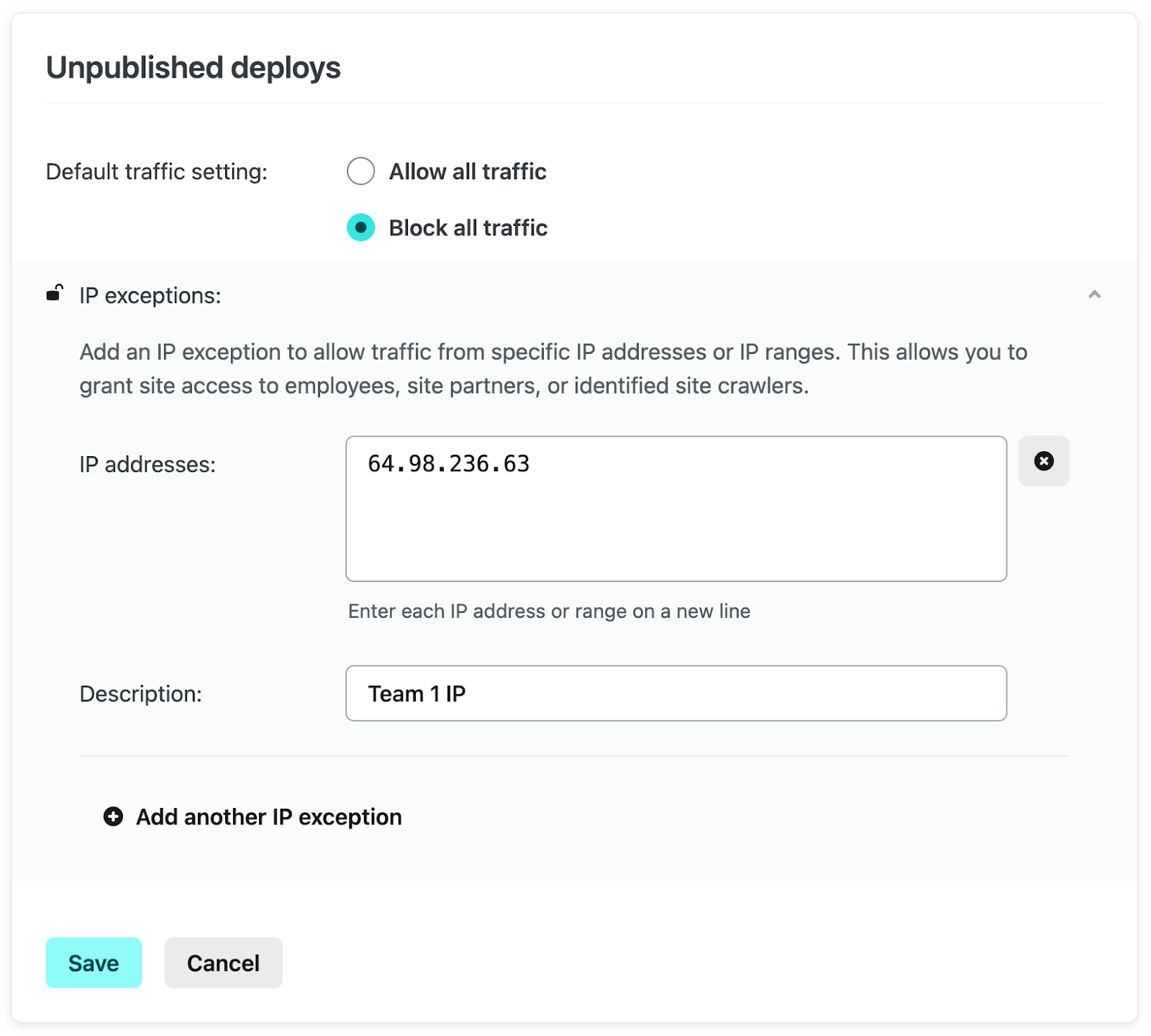 Where you can add your team's IP addresses for access, while blocking all other traffic in the Netlify app UI