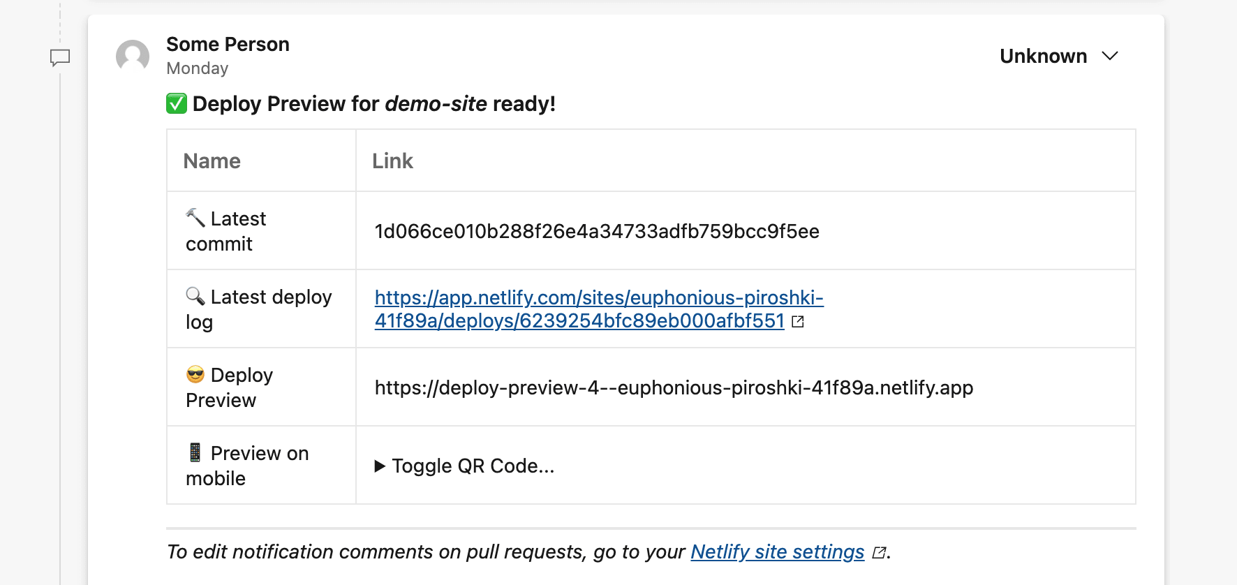 Pull requests comments in Azure DevOps include helpful information from Netlify with the latest commit, latest deploy log, deploy preview link, and a QR code for easy testing on mobile.