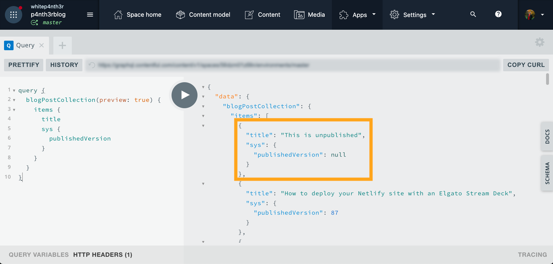 A screenshot from the Contentful GraphQL Playground app, showing a GraphQL response with an item that returns sys dot published version as null to confirm it is unpublished and we are receiving draft content using preview: true.