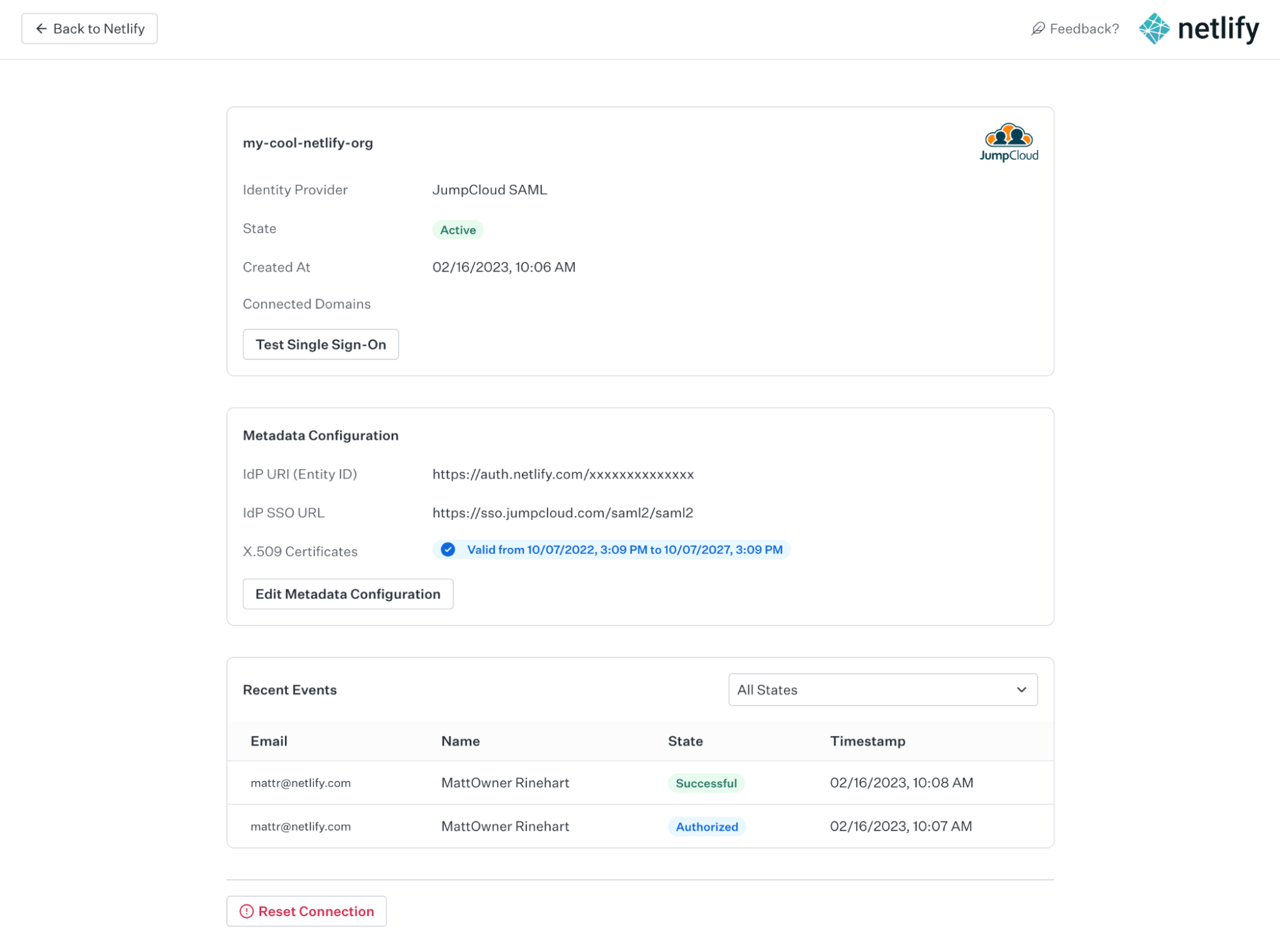 SAML configuration status in WorkOS