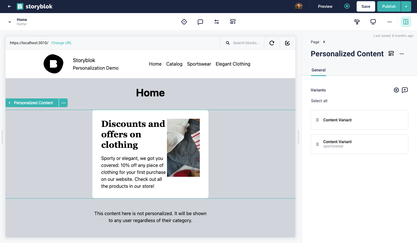 Storyblok's Visual Editor UI showing the home page and "Personalized Content" block with variants for personalization