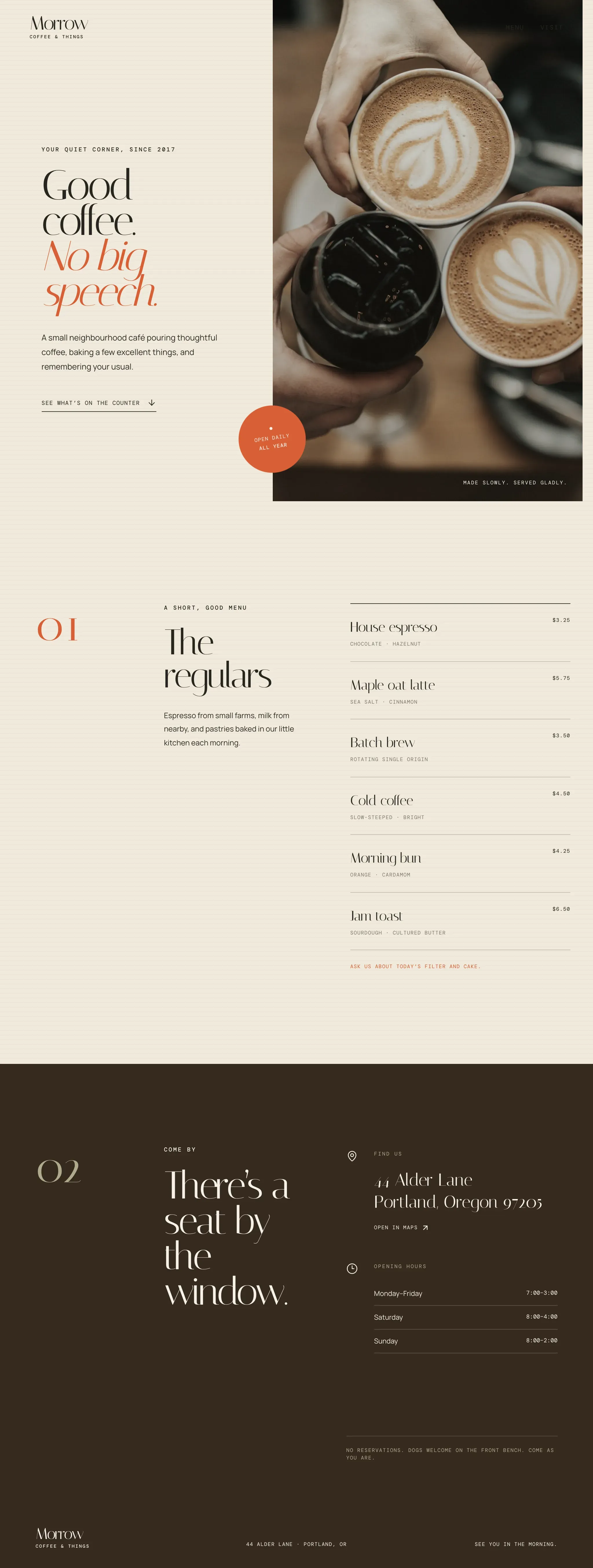 Coffee shop page generated by GPT 5.6 Sol (low effort) — left run