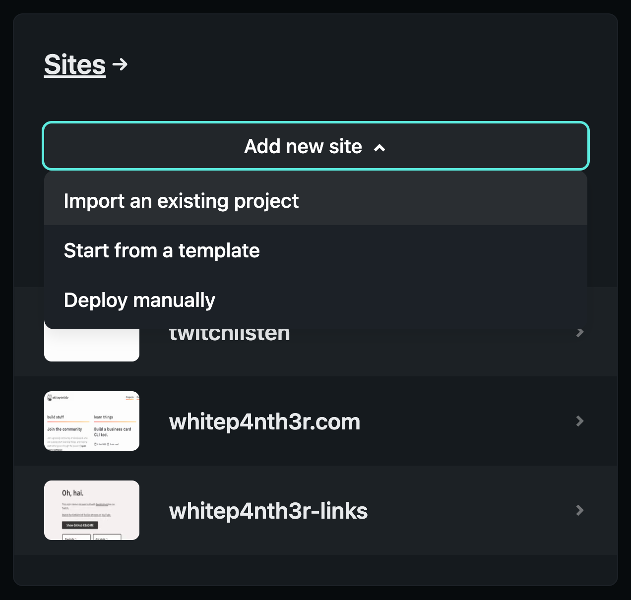 Dropdown button named Add new site, showing a menu with import an existing project highlighted
