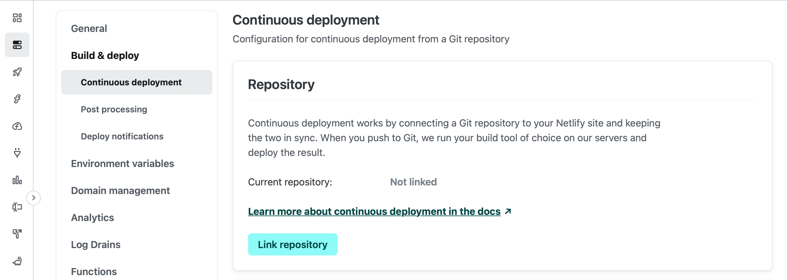 Where you can connect to a Git repository to build and deploy from a continuous integration pipeline in the Netlify UI