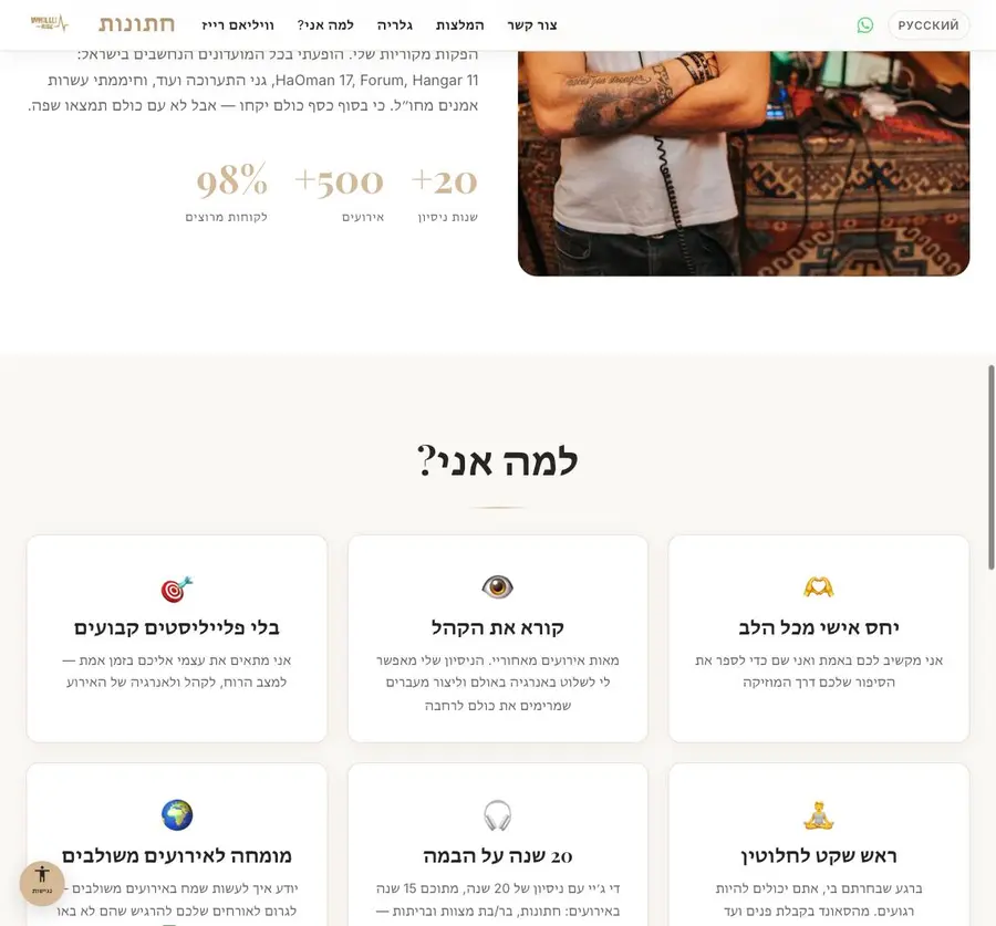 אתר די.ג'י.אי לחתונות ואירועים לדי.ג'י.אי וויליאם רייז. עיצוב אלגנטי בצבעי זהב-שמנת, וידאו רקע ועיצוב מולטילינגואלי בעברית ורוסית. 20+ שנות ניסיון, 500+ אירועים, 98% לקוחות מרוצים.