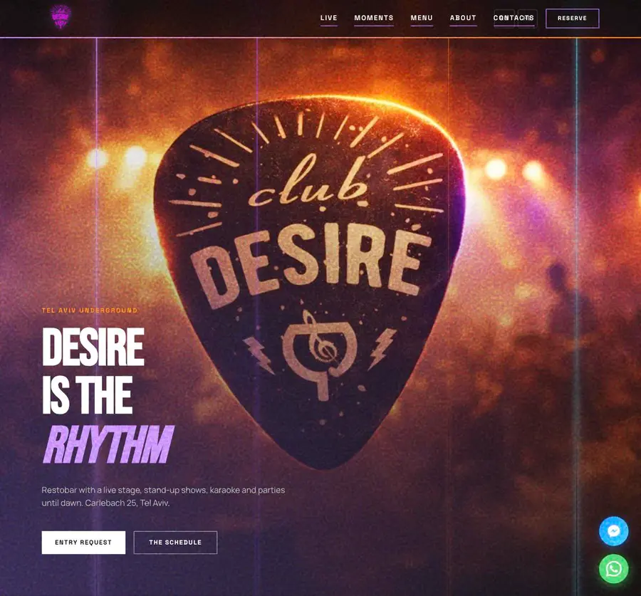 אתר חוויית מלא למועדון המוסיקה החיה Desire Club TLV בתל אביב. עיצוב שחור אטמוספרי עם אנימציות גטארה ולוגיקת אירועים חיה מתוך פייסבוק. קאסטומ פונט דרמטי ועיצוב מולטילינגואלי בעברית, אנגלית ורוסית.