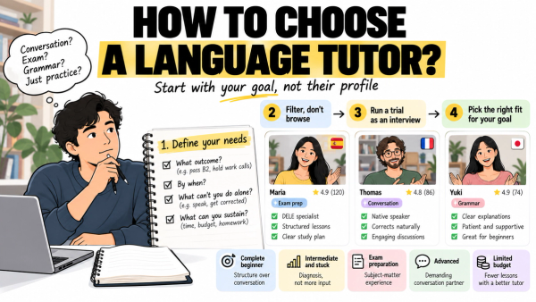 How to choose a language tutor by defining your goals, filtering profiles, and testing the right fit.