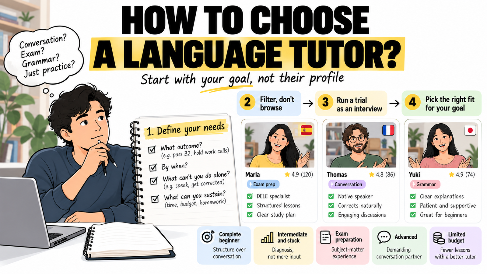 How to choose a language tutor by defining your goals, filtering profiles, and testing the right fit.