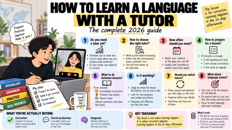 Complete guide to learning a language with a tutor, from choosing lessons and preparing effectively to practicing between sessions and tracking progress.