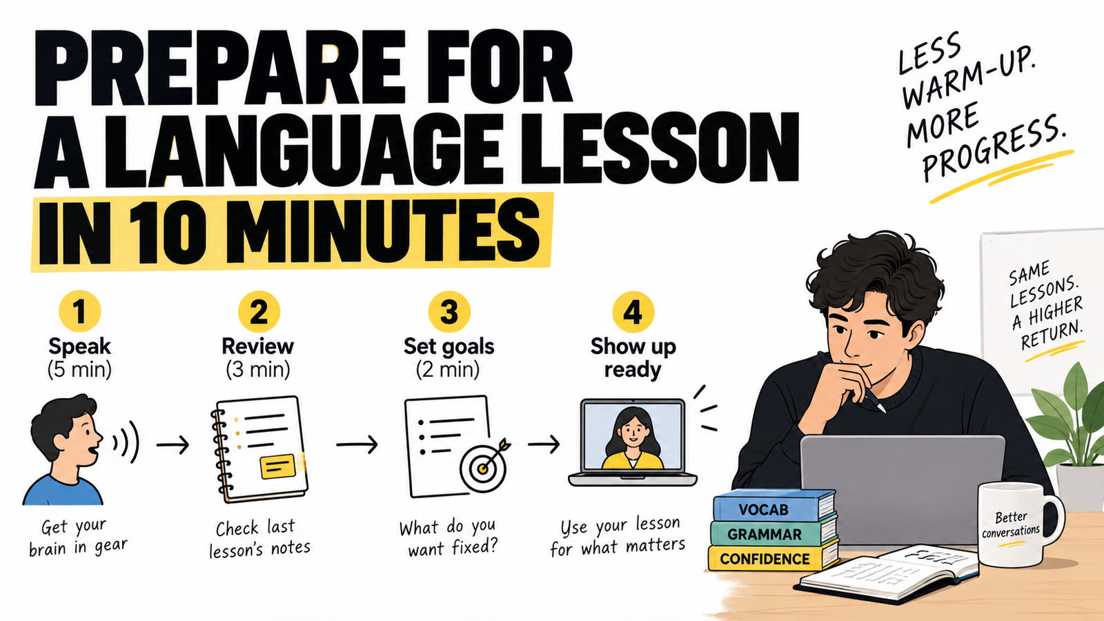 10-minute language lesson prep: speak, review notes, set goals, and arrive ready.