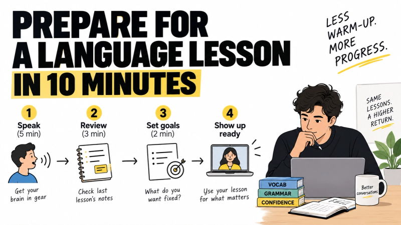 10-minute language lesson prep: speak, review notes, set goals, and arrive ready.