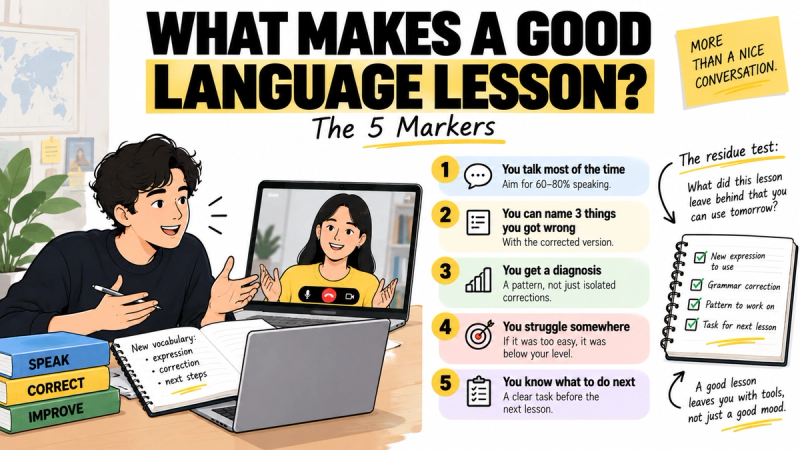 Five signs of an effective language lesson: speaking, correction, diagnosis, challenge, and clear next steps.