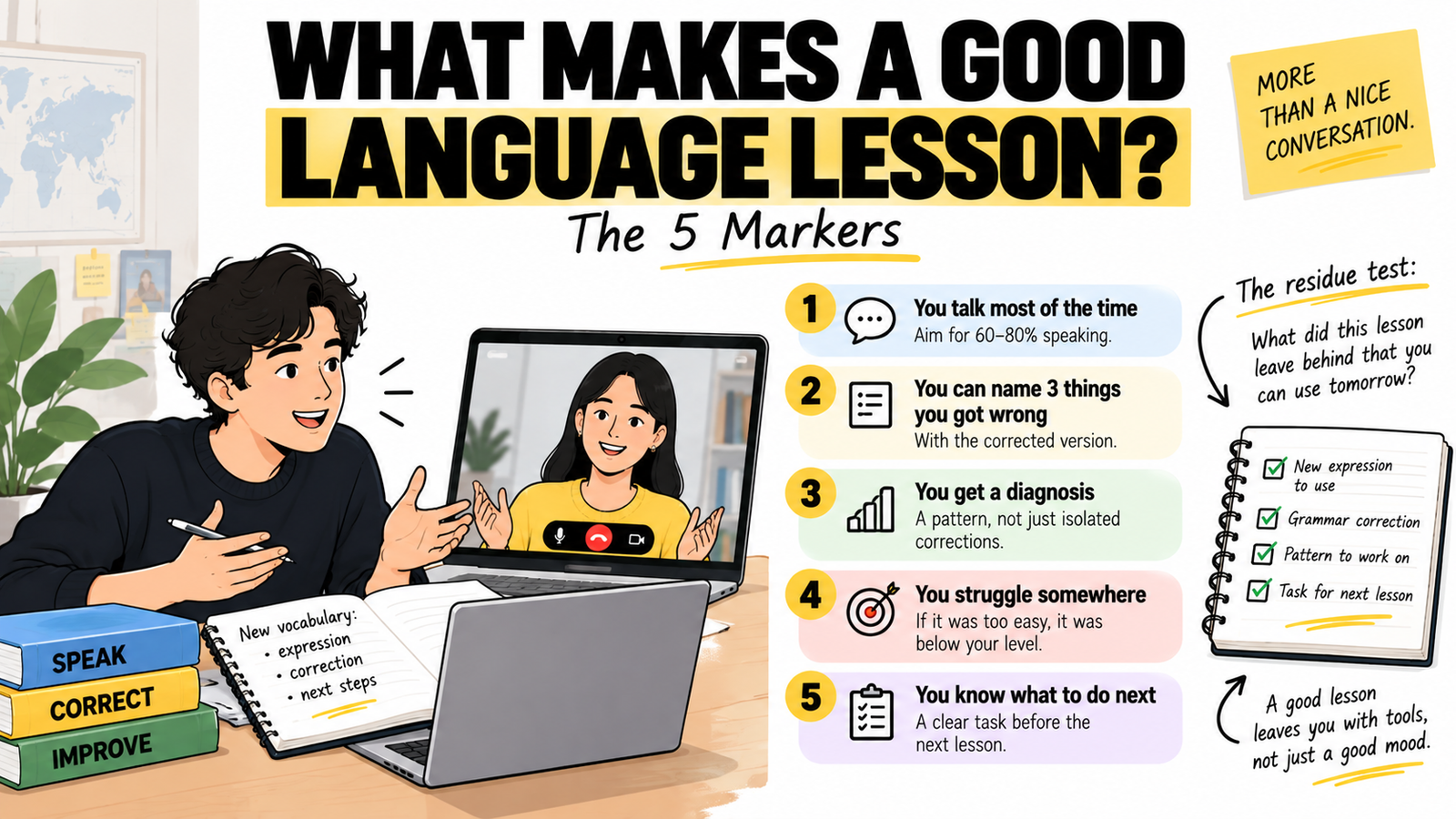 Five signs of an effective language lesson: speaking, correction, diagnosis, challenge, and clear next steps.