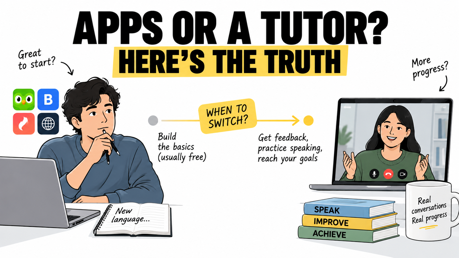 Language learner deciding when to switch from apps to a tutor for speaking practice and feedback.