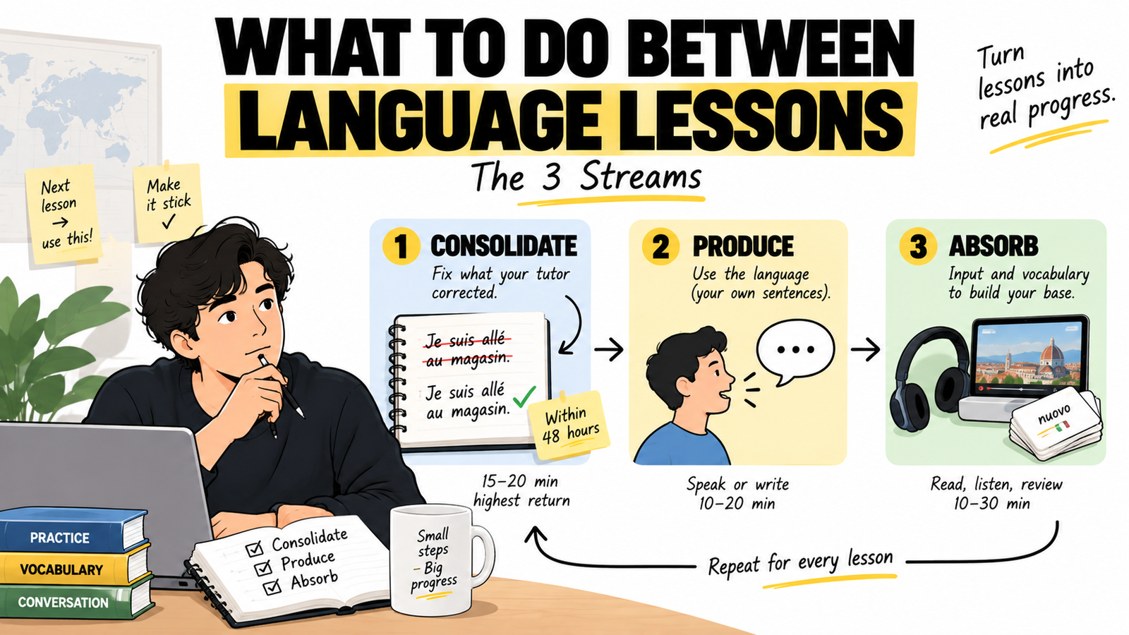 Three-step language study routine: consolidate tutor feedback, produce your own sentences, and absorb input between lessons.