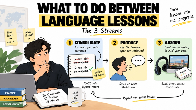 Three-step language study routine: consolidate tutor feedback, produce your own sentences, and absorb input between lessons.
