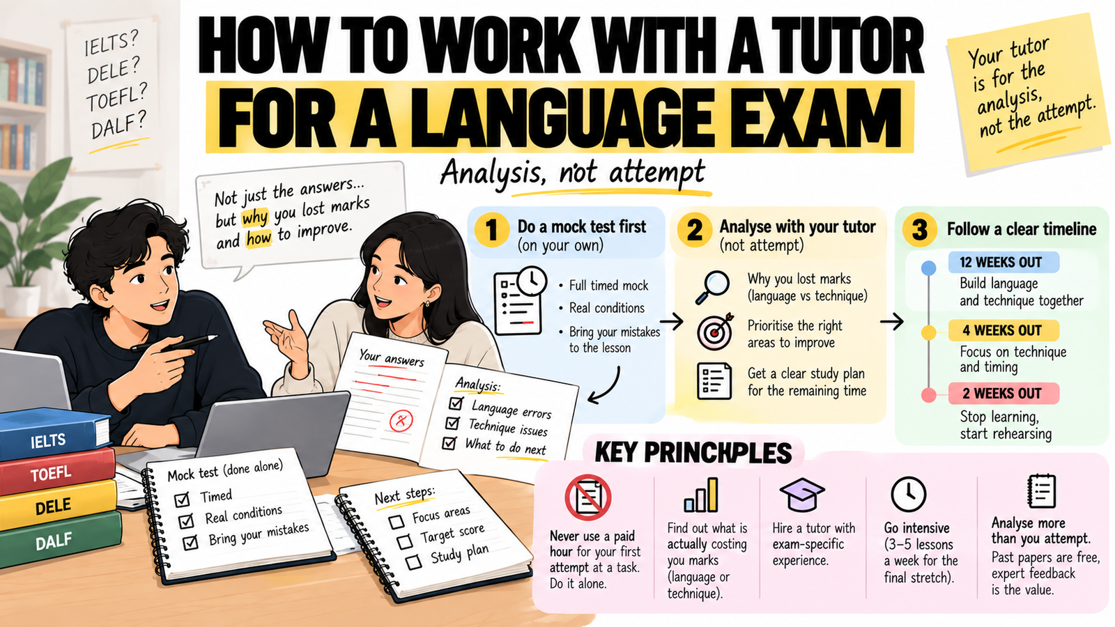 Language exam preparation strategy: take mock tests alone, analyze mistakes with a tutor, and follow a clear study timeline.