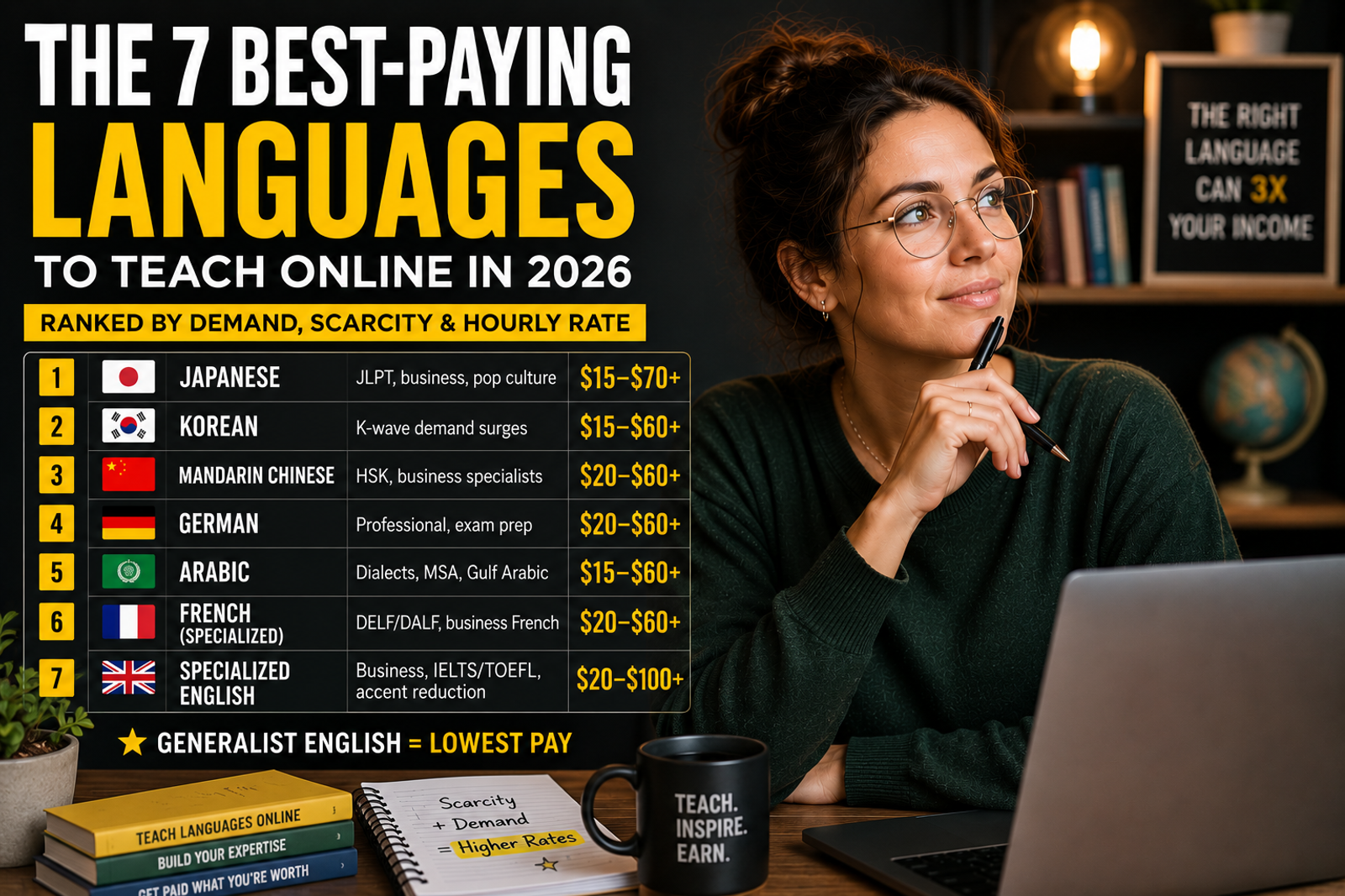 YouTube-style thumbnail featuring the same young female online language tutor sitting at a desk with a laptop, looking thoughtfully toward a ranked list of the seven best-paying languages to teach online in 2026. The image includes bold black-and-yellow typography, country flags, hourly rate ranges, and language-learning visuals in a warm modern workspace, emphasizing demand, scarcity, and specialization in online tutoring.