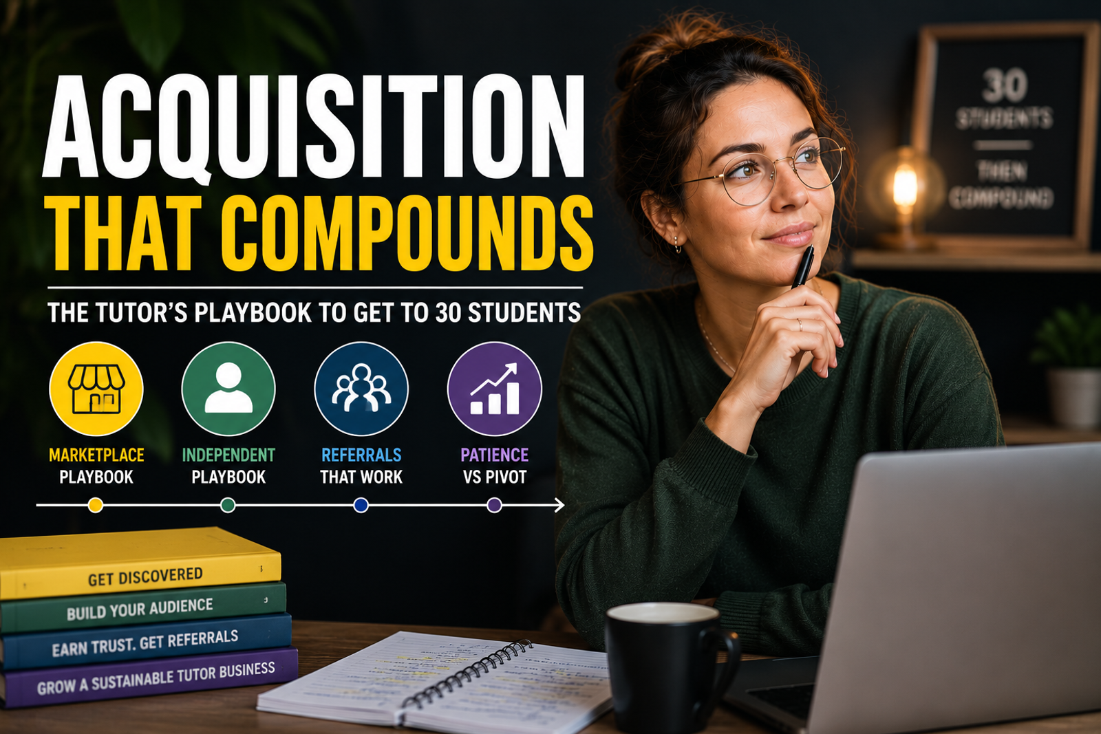 A thoughtful young female language tutor sits at a desk in a modern home office beside a laptop and notebook, with bold text reading “Acquisition That Compounds” and visual icons representing marketplace growth, independent tutoring, referrals, and long-term business growth.