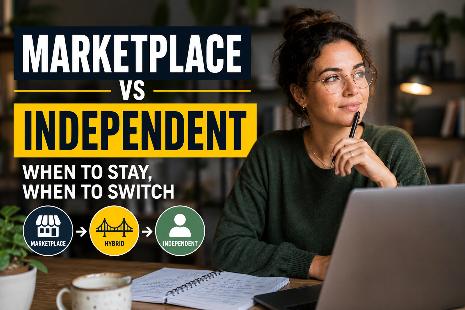 A language tutor sits at a desk in a cozy home office, planning how to grow an online tutoring business with a laptop, notebook, and a whiteboard showing business goals in the background.