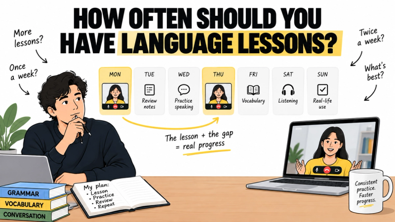 Language lesson schedule showing how lessons and practice between sessions work together for faster progress.