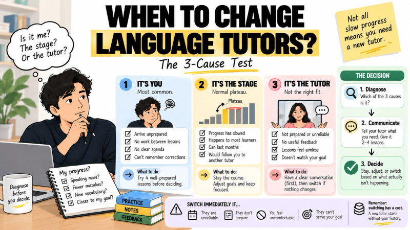 Three-cause test for deciding whether slow language progress comes from you, the learning stage, or the tutor.